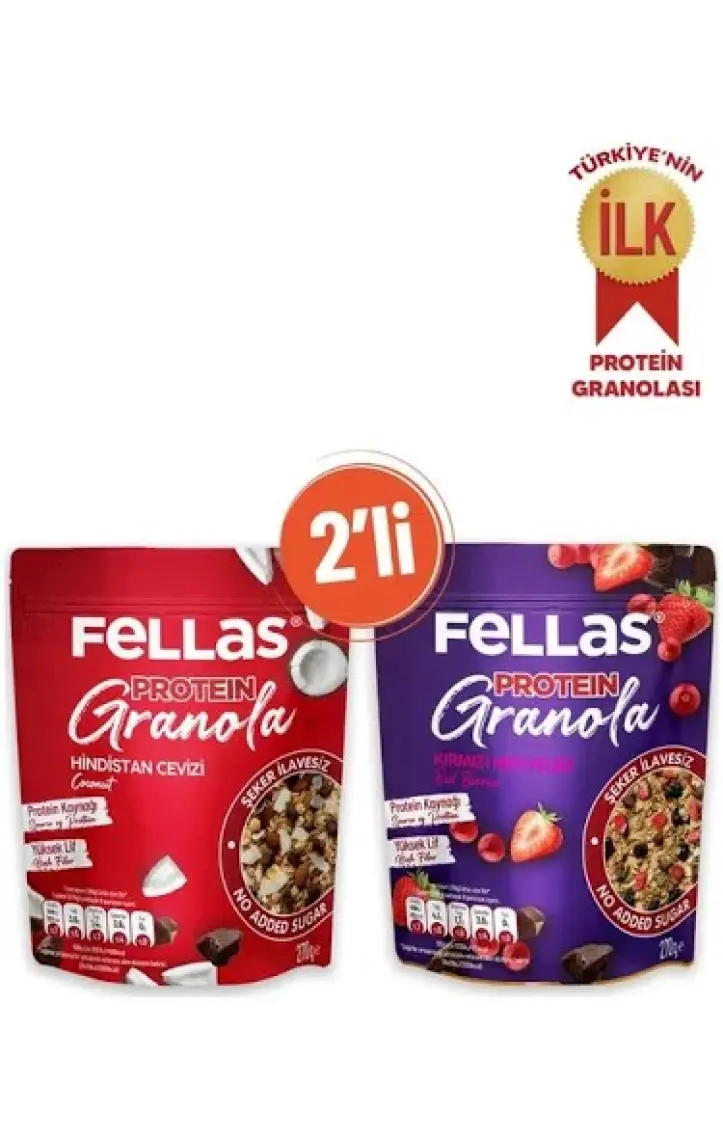 Fellas Protein Granola 2'li Paket - Hindistan Cevizi & Kakao 270g + Kırmızı Meyveler 270g