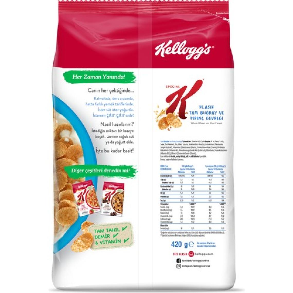 Kellogg's Special K Klasik Kahvaltılık Tam Buğday ve Pirinç Gevreği 420 Gr; Tam Tahıllı; Lif Kaynağı