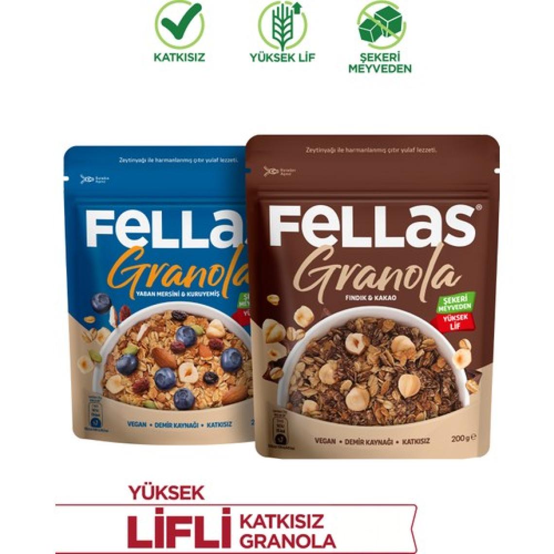 Fellas Granola 2'li Paket - Yaban Mersini & Kuruyemişli 200g + Fındık & Kakaolu 200g
