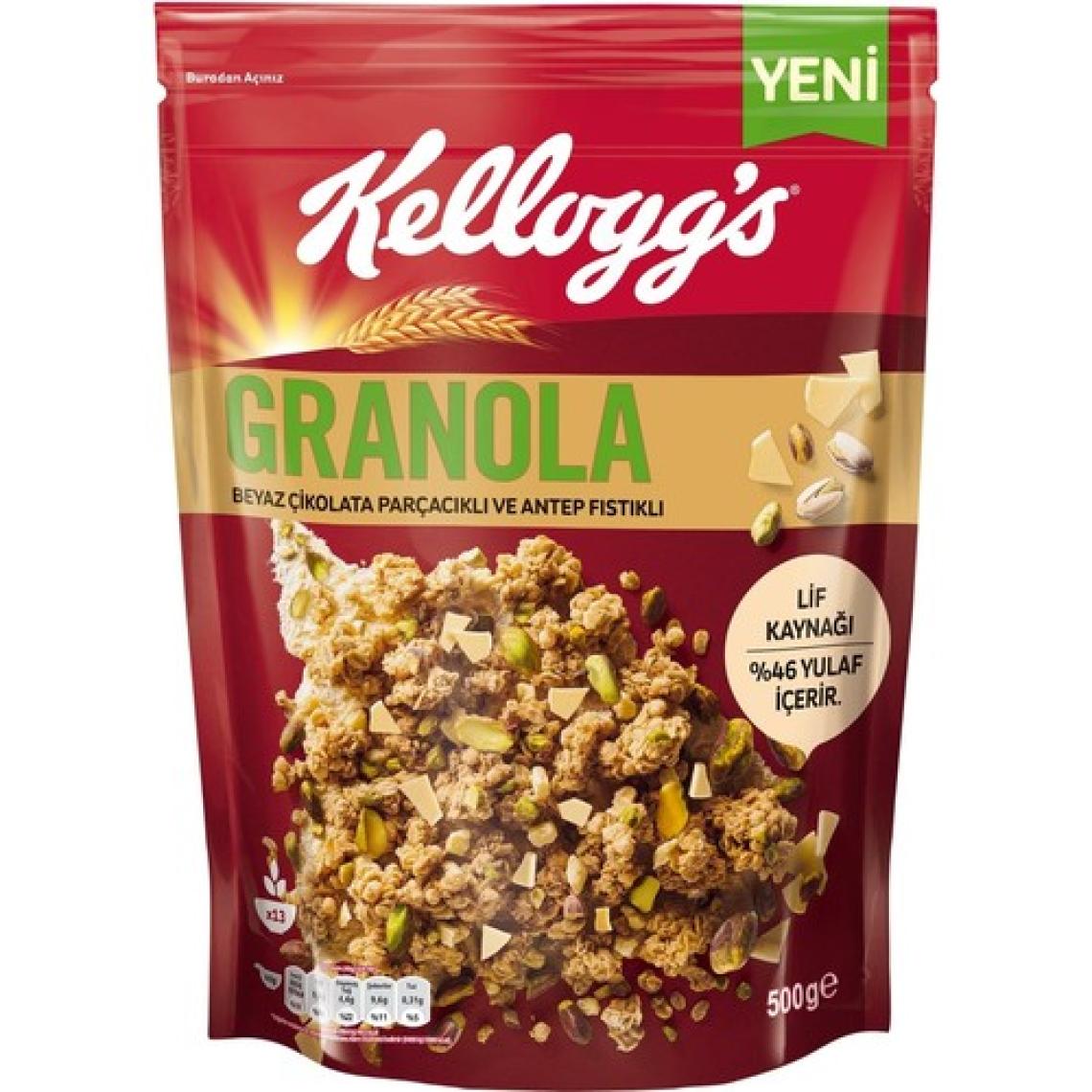 Kellogg's Granola Beyaz Çikolata Parçacıklı ve Antep Fıstıklı 500 G, %46 Yulaf Ezmesi,Lif Kaynağı Kahvaltılık Gevrek