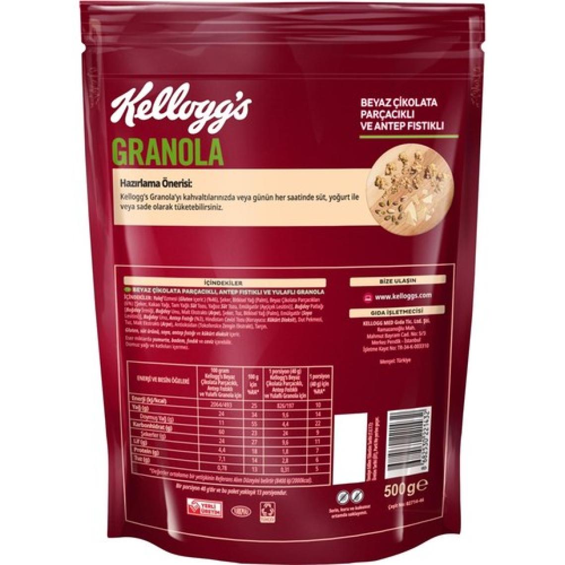 Kellogg's Granola Beyaz Çikolata Parçacıklı ve Antep Fıstıklı 500 G, %46 Yulaf Ezmesi,Lif Kaynağı Kahvaltılık Gevrek