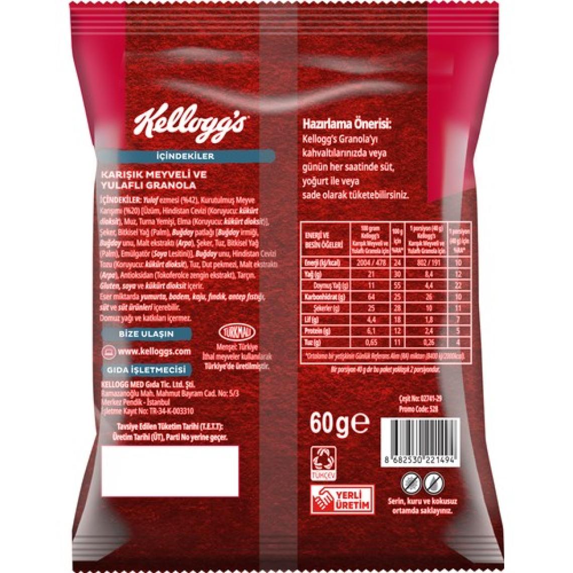 Kellogg's Granola Karışık Meyveli 60 G x10 Adet, %42 Yulaf Ezmesi,%20 Kurutulmuş Meyve, Lif Kaynağı Kahvaltılık Gevrek