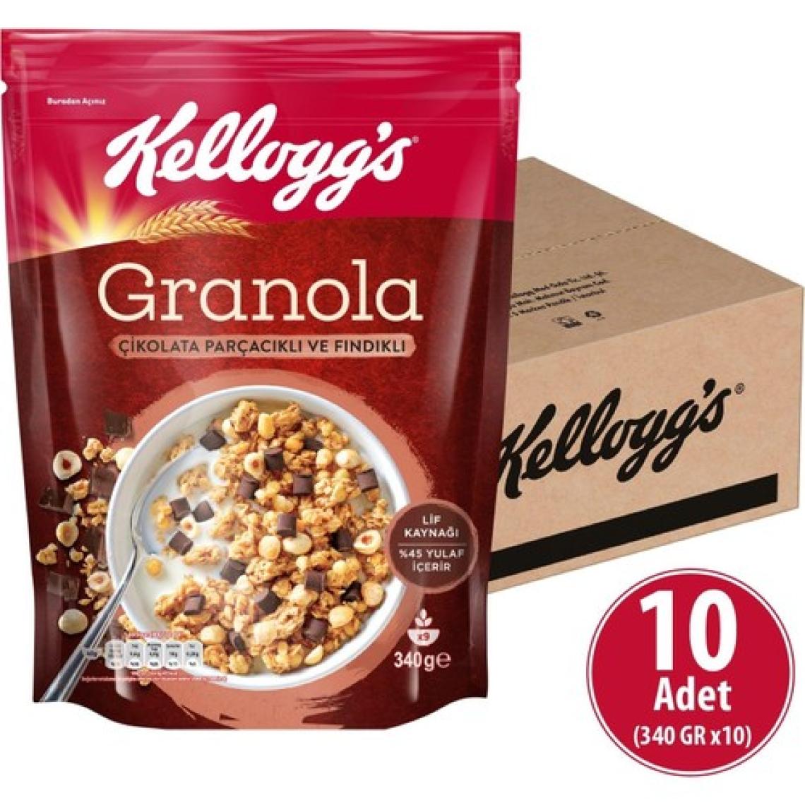 Kellogg's Çikolata Parçacıklı ve Fındıklı Granola 340 G x 10 Adet,%44 Yulaf Ezmesi, Lif Kaynağı Kahvaltılık Gevrek