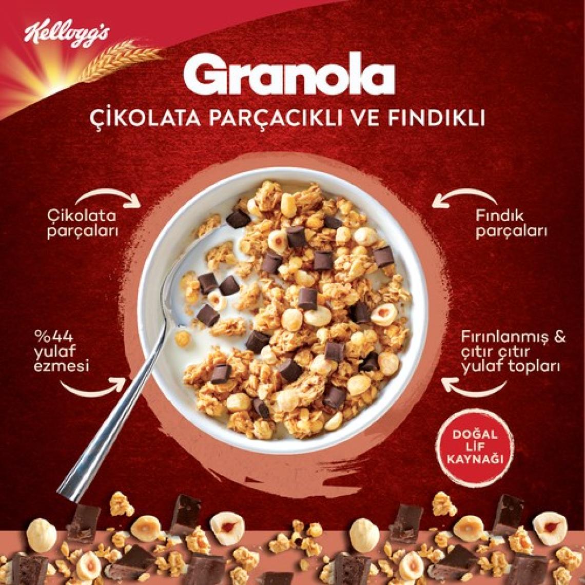 Kellogg's Çikolata Parçacıklı ve Fındıklı Granola 340 G x 10 Adet,%44 Yulaf Ezmesi, Lif Kaynağı Kahvaltılık Gevrek