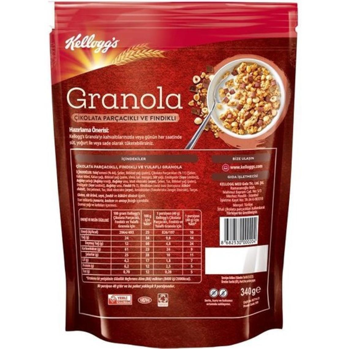 Kellogg's Çikolata Parçacıklı ve Fındıklı Granola 340 G x 10 Adet,%44 Yulaf Ezmesi, Lif Kaynağı Kahvaltılık Gevrek