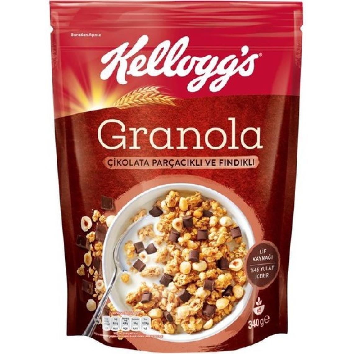 Kellogg's Çikolata Parçacıklı ve Fındıklı Granola 340 G x 10 Adet,%44 Yulaf Ezmesi, Lif Kaynağı Kahvaltılık Gevrek
