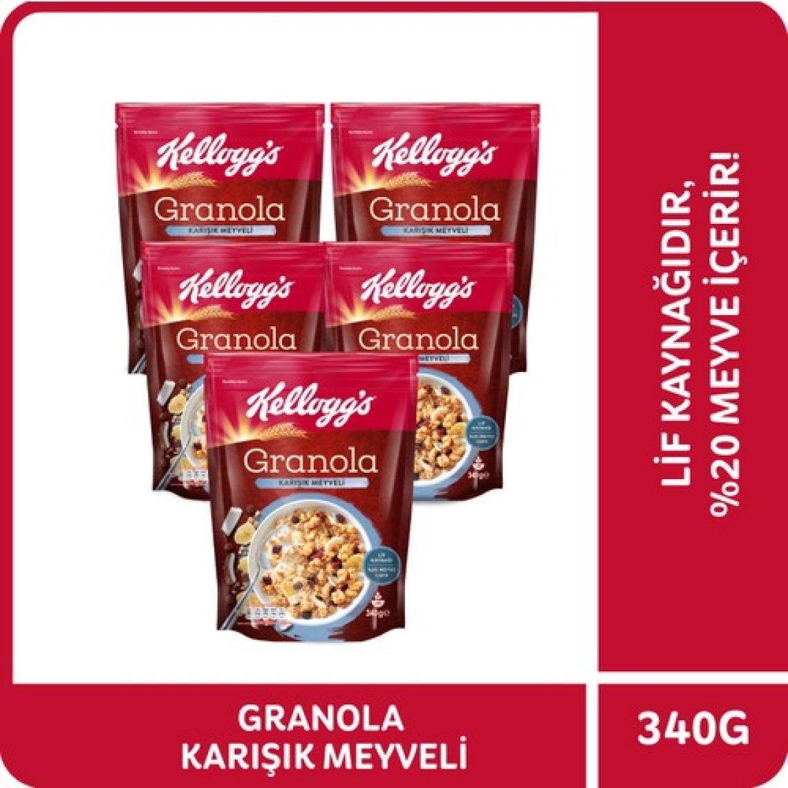 Kellogg's Granola Karışık Meyveli 340 G x5 Adet, %45 Yulaf Ezmesi, %20 Kurutulmuş Meyve, Lif Kaynağı Kahvaltılık Gevrek