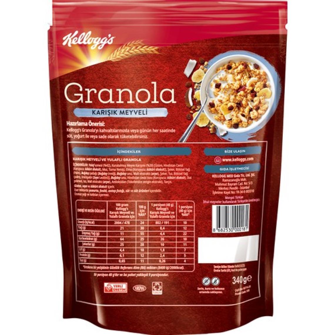 Kellogg's Granola Karışık Meyveli 340 G x5 Adet, %45 Yulaf Ezmesi, %20 Kurutulmuş Meyve, Lif Kaynağı Kahvaltılık Gevrek