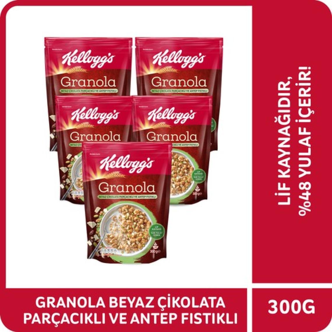 Kellogg's Granola Beyaz Çikolata Parçacıklı ve Antep Fıstıklı 300 G x5 Adet, %46 Yulaf Ezmesi,Lif Kaynağı Kahvaltılık Gevrek