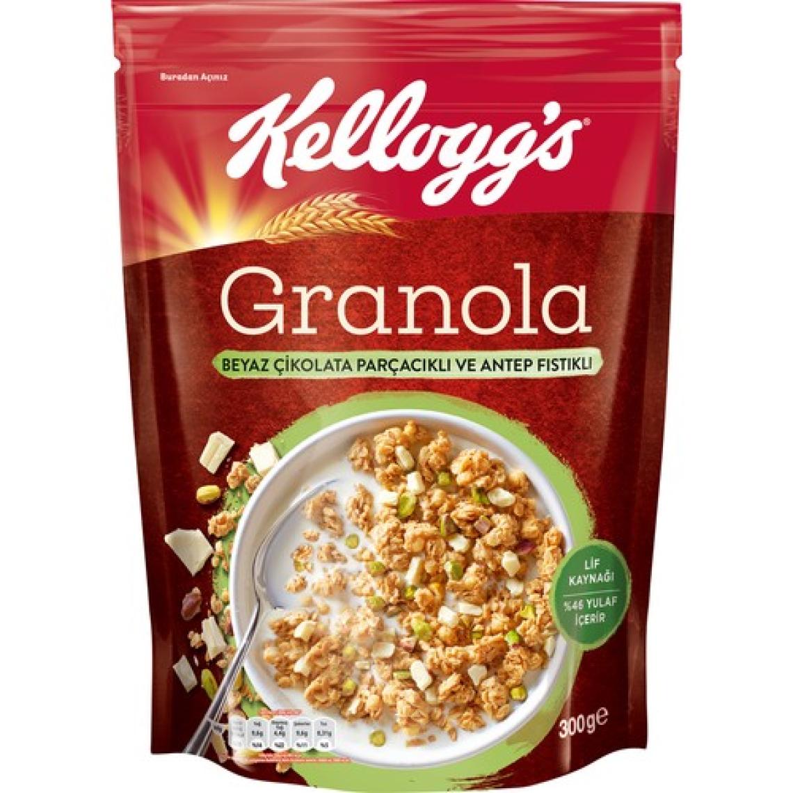 Kellogg's Granola Beyaz Çikolata Parçacıklı ve Antep Fıstıklı 300 G x5 Adet, %46 Yulaf Ezmesi,Lif Kaynağı Kahvaltılık Gevrek