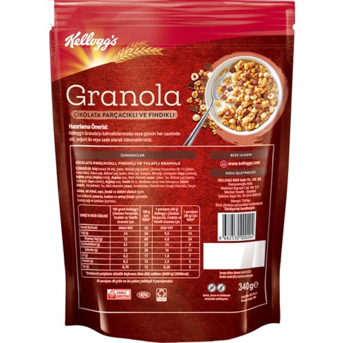 Kellogg's Granola Çikolata Parçacıklı ve Fındıklı 340 G, %44 Yulaf Ezmesi, Lif Kaynağı Kahvaltılık Gevrek