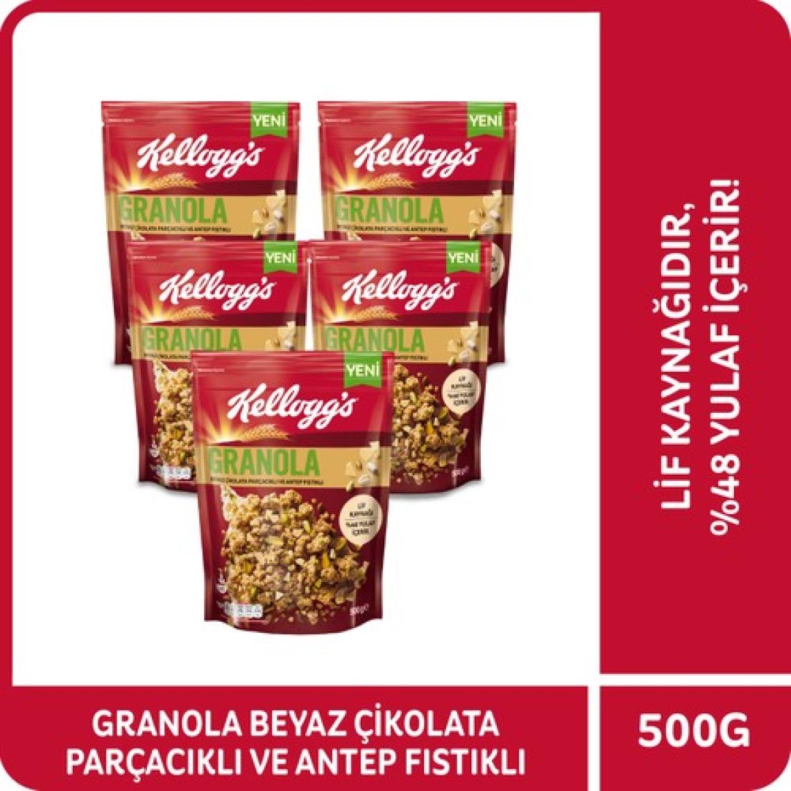 Kellogg's Granola Beyaz Çikolata Parçacıklı ve Antep Fıstıklı 500 G x5 Adet,Avantajlı Paket, %46 Yulaf Ezmesi,Lif Kaynağı Kahvaltılık Gevrek