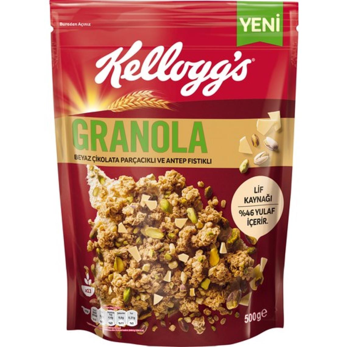 Kellogg's Granola Beyaz Çikolata Parçacıklı ve Antep Fıstıklı 500 G x5 Adet,Avantajlı Paket, %46 Yulaf Ezmesi,Lif Kaynağı Kahvaltılık Gevrek