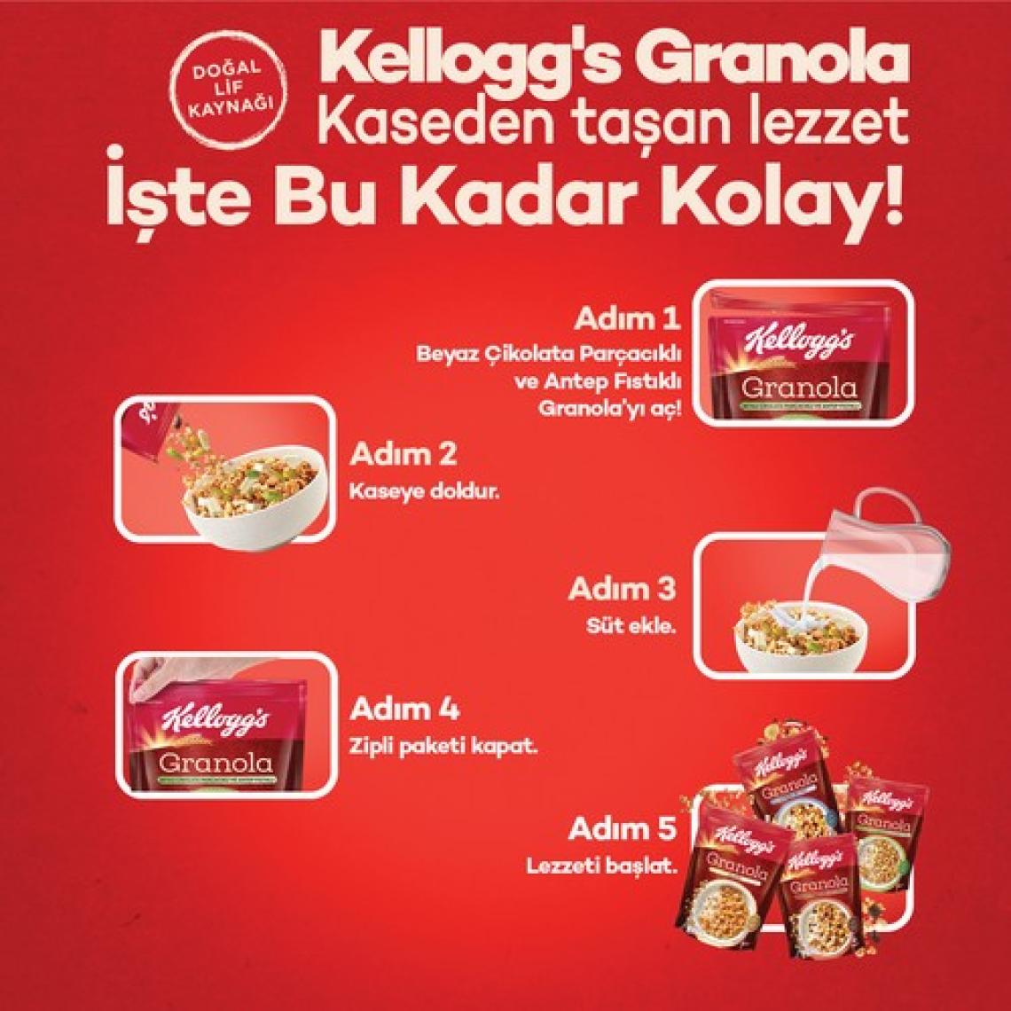 Kellogg's Granola Beyaz Çikolata Parçacıklı ve Antep Fıstıklı 500 G x5 Adet,Avantajlı Paket, %46 Yulaf Ezmesi,Lif Kaynağı Kahvaltılık Gevrek