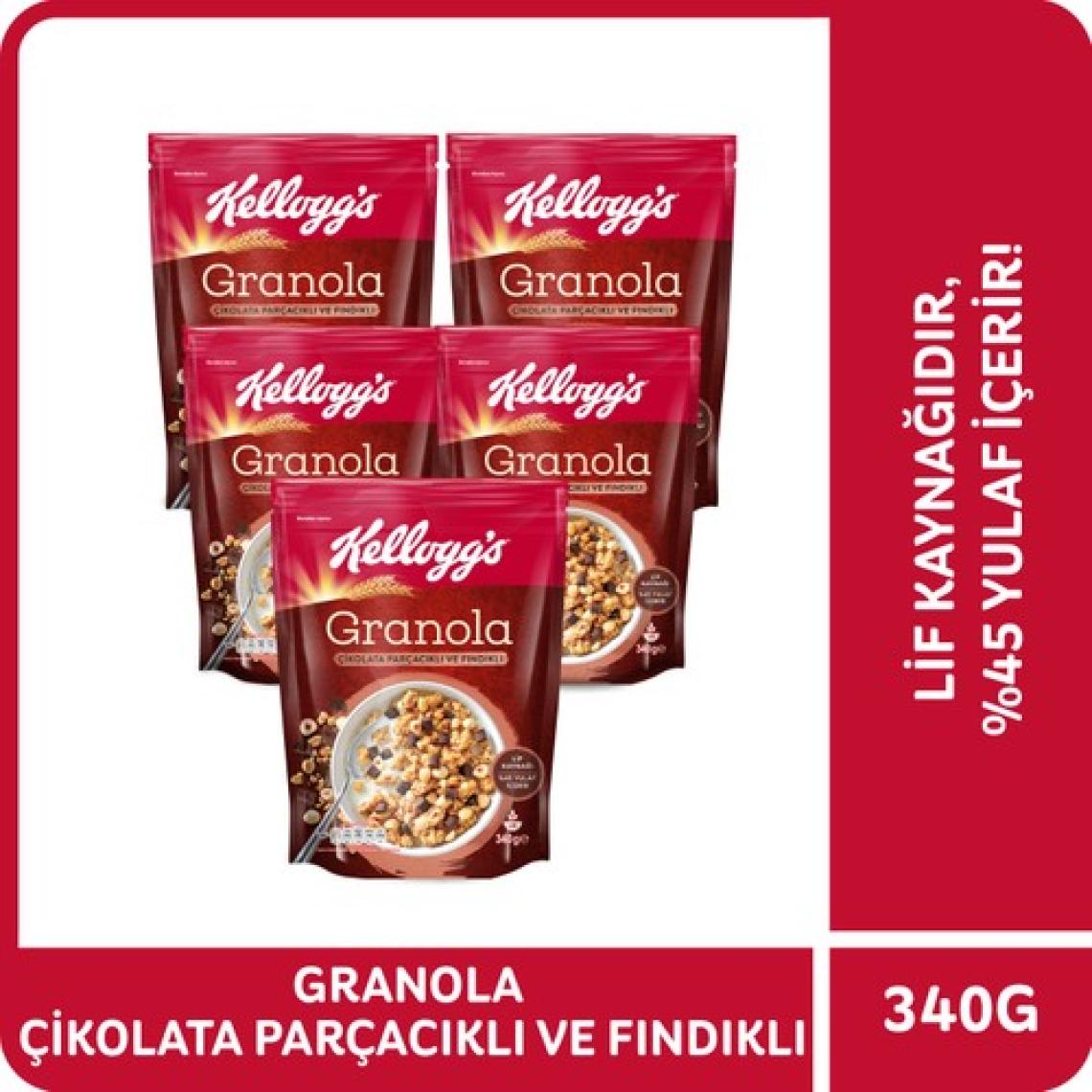 Kellogg's Granola Çikolata Parçacıklı ve Fındıklı 340 G x 5 Adet, %44 Yulaf, Lif Kaynağı Kahvaltılık Gevrek
