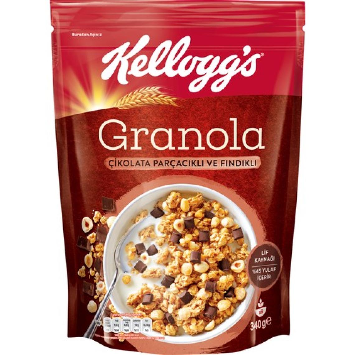 Kellogg's Granola Çikolata Parçacıklı ve Fındıklı 340 G x 5 Adet, %44 Yulaf, Lif Kaynağı Kahvaltılık Gevrek