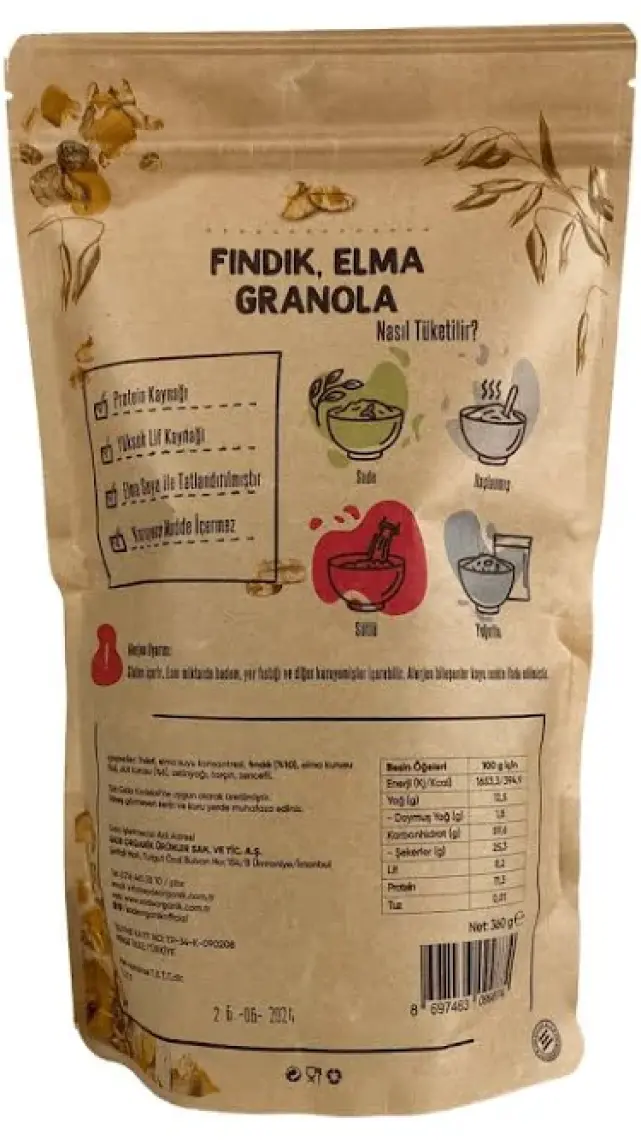 Sade Gurme Elma-Dut Kurusu-Fındıklı Granola 360 gr