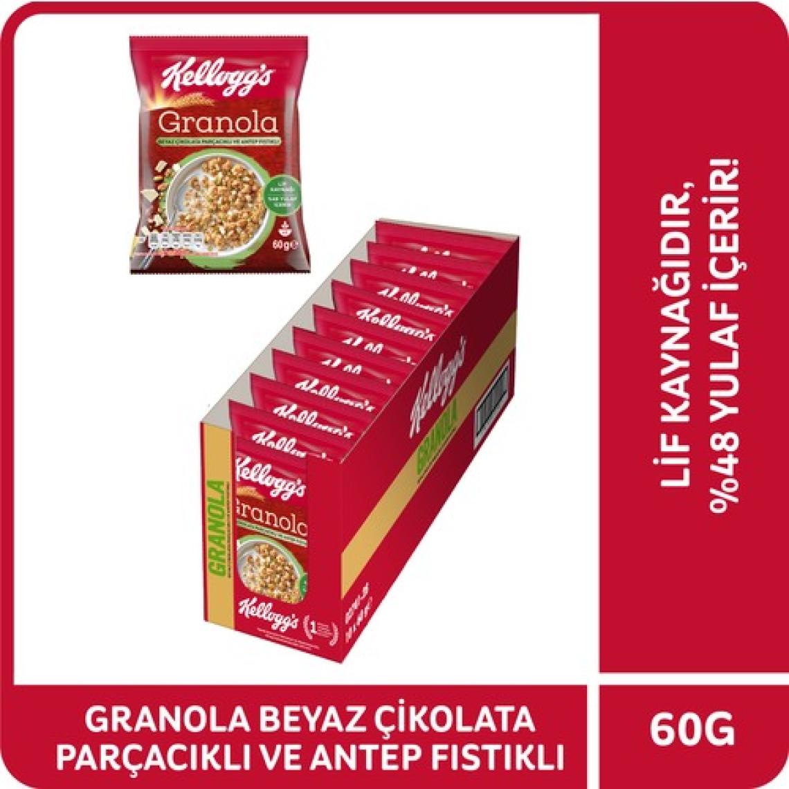 Kellogg's Granola Beyaz Çikolata Parçacıklı ve Antep Fıstıklı 60G x10 Adet, 46% Yulaf İçerir, Lif Kaynağı Kahvaltılık Gevrek