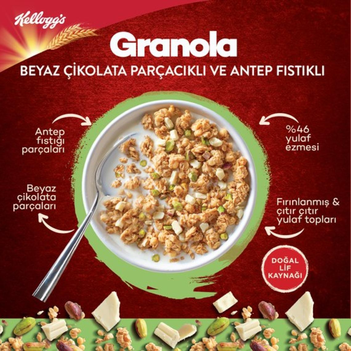 Kellogg's Granola Beyaz Çikolata Parçacıklı ve Antep Fıstıklı 60G x10 Adet, 46% Yulaf İçerir, Lif Kaynağı Kahvaltılık Gevrek