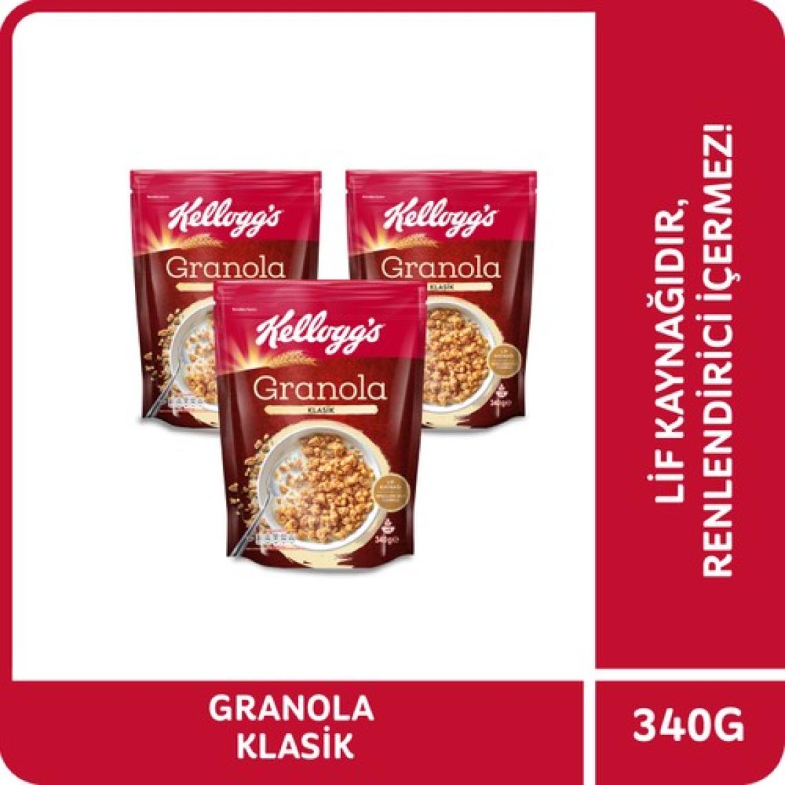 Kellogg's Granola Klasik 340 G x3 Adet,%56 Yulaf Ezmesi, Lif Kaynağı Kahvaltılık Gevrek