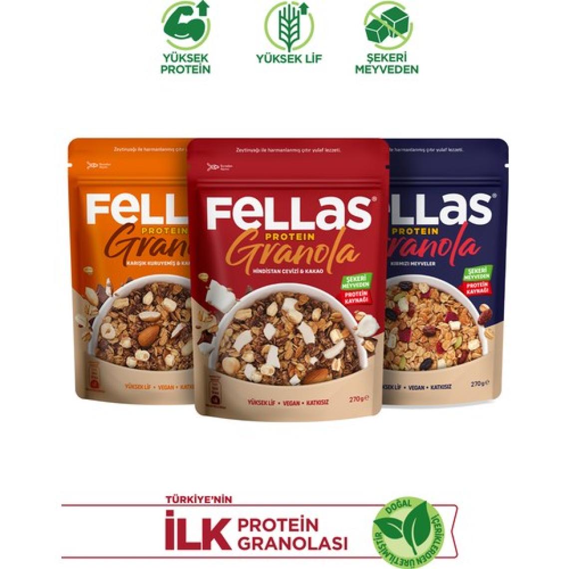 Fellas Protein Granola 270g 3'lü Mix Paket - Hindistan C. + Kırmızı Meyveler + Karışık Kuruyemişli