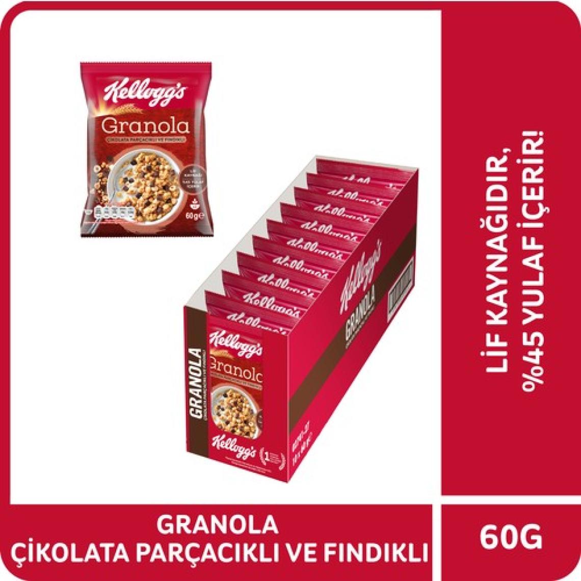 Kellogg's Granola Çikolata Parçacıklı ve Fındıklı 60 G x 10 Adet, 44% Yulaf Ezmesi,Lif Kaynağı Kahvaltılık Gevrek