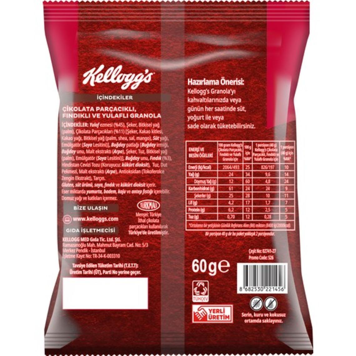 Kellogg's Granola Çikolata Parçacıklı ve Fındıklı 60 G x 10 Adet, 44% Yulaf Ezmesi,Lif Kaynağı Kahvaltılık Gevrek