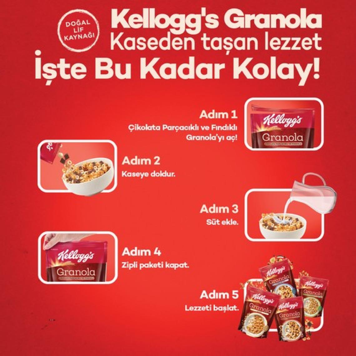 Kellogg's Granola Çikolata Parçacıklı ve Fındıklı 60 G x 10 Adet, 44% Yulaf Ezmesi,Lif Kaynağı Kahvaltılık Gevrek