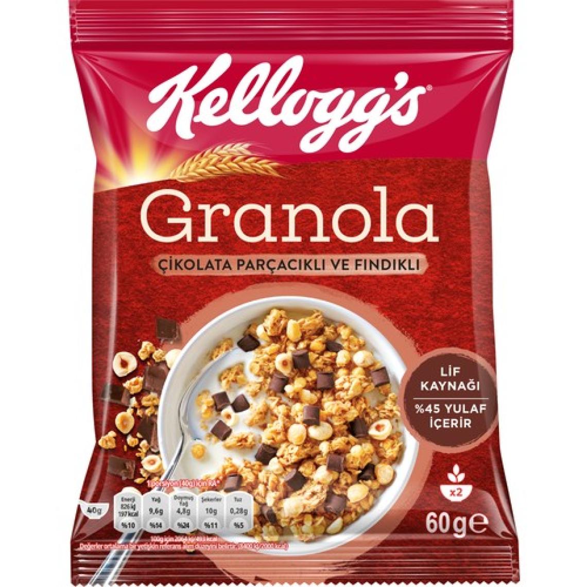 Kellogg's Granola Çikolata Parçacıklı ve Fındıklı 60 G x 10 Adet, 44% Yulaf Ezmesi,Lif Kaynağı Kahvaltılık Gevrek