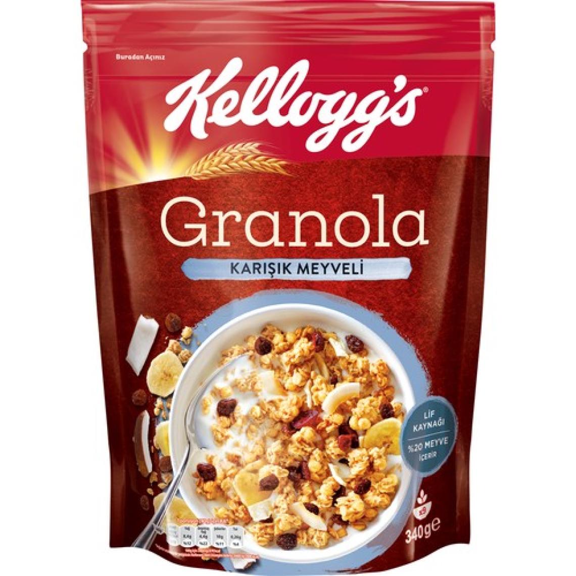 Kellogg's Granola Karışık Meyveli 340 G,%45 Yulaf Ezmesi,%20 Kurutulmuş Meyve,Lif Kaynağı Kahvaltılık Gevrek