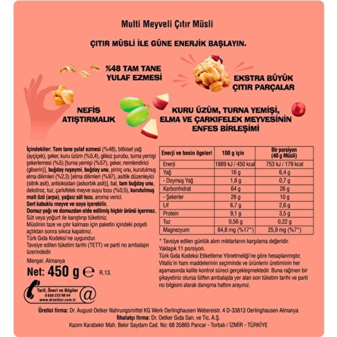 Dr.Oetker Vitalis Knusper Çıtır Multi Meyveli Müsli 450 gr