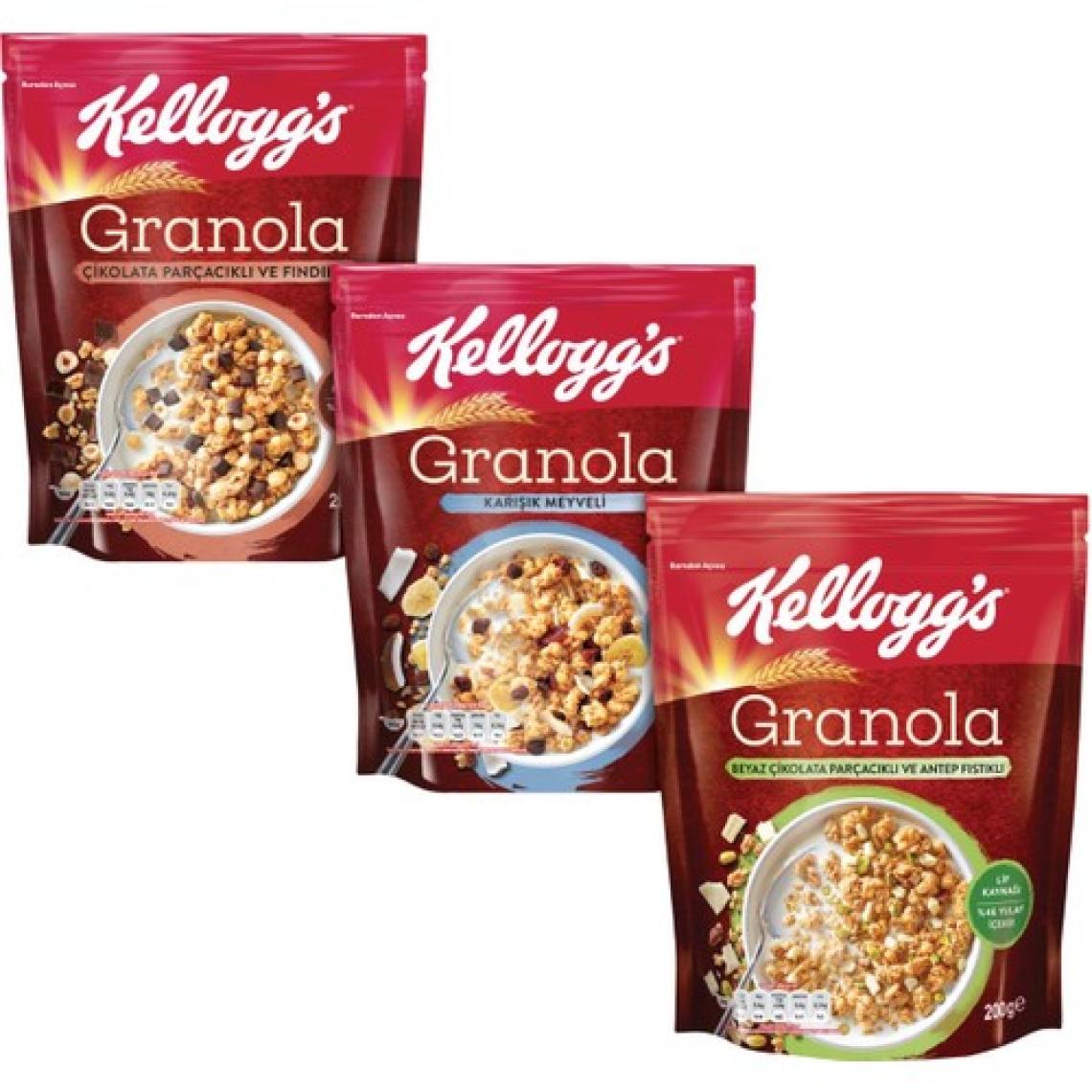 Kellogg’s 3lü Granola Paketi,Çikolata Parçacıklı ve Fındıklı,Karışık Meyveli,Antep Fıstıklı ve Beyaz Çikolata Parçacıklı, Klasik