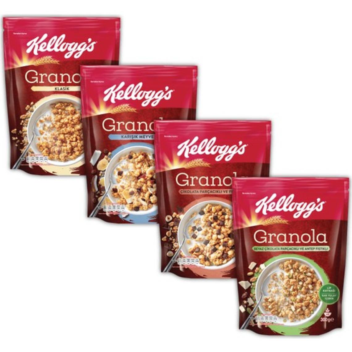 Kellogg's 4lü Granola Paketi, Çikolata Parçacıklı ve Fındıklı,Kurutulmuş Meyveli, Beyaz Çikolatalı ve Antep Fıstıklı, Klasik