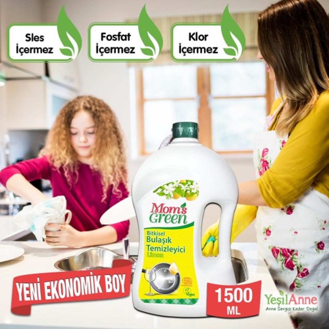 Mom's Green 2'li Set Bitkisel Elde Bulaşık Temizleyici Limon 1,5 Lt. x 2 Adet