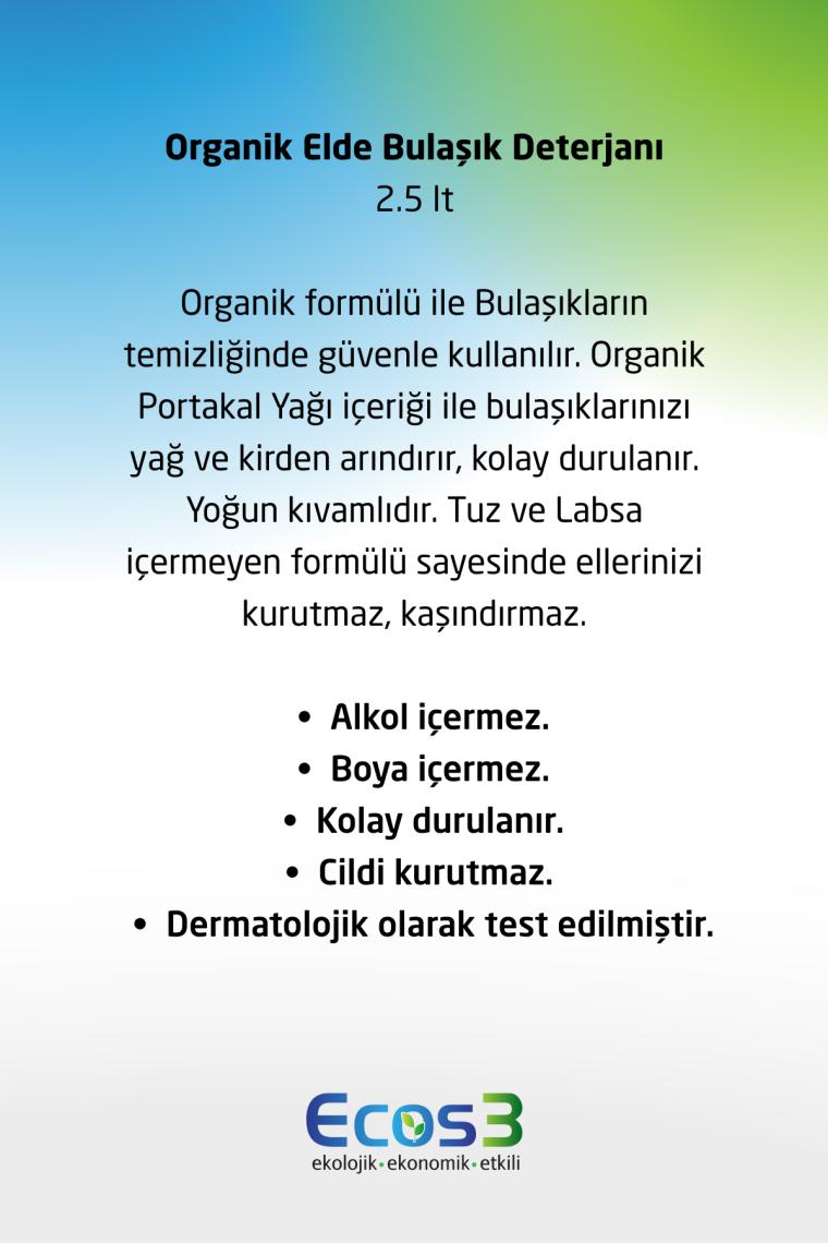 Elde Bulaşık Deterjanı, Organik & Vegan Sertifikalı, Ekolojik, Hipoalerjenik, Aloe Vera’lı, 2.5 Lt