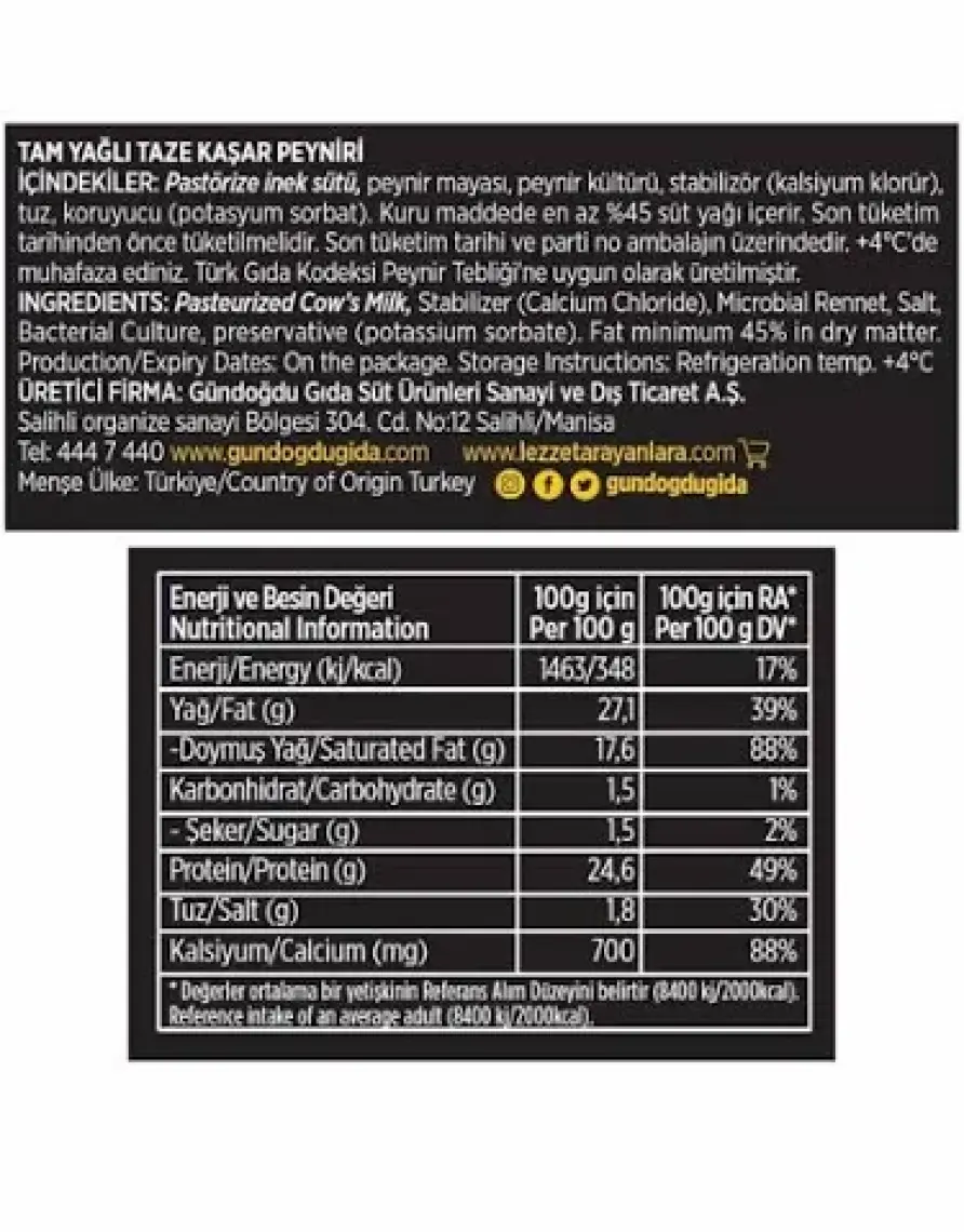 Gündoğdu Taze Kaşar Peyniri 400G