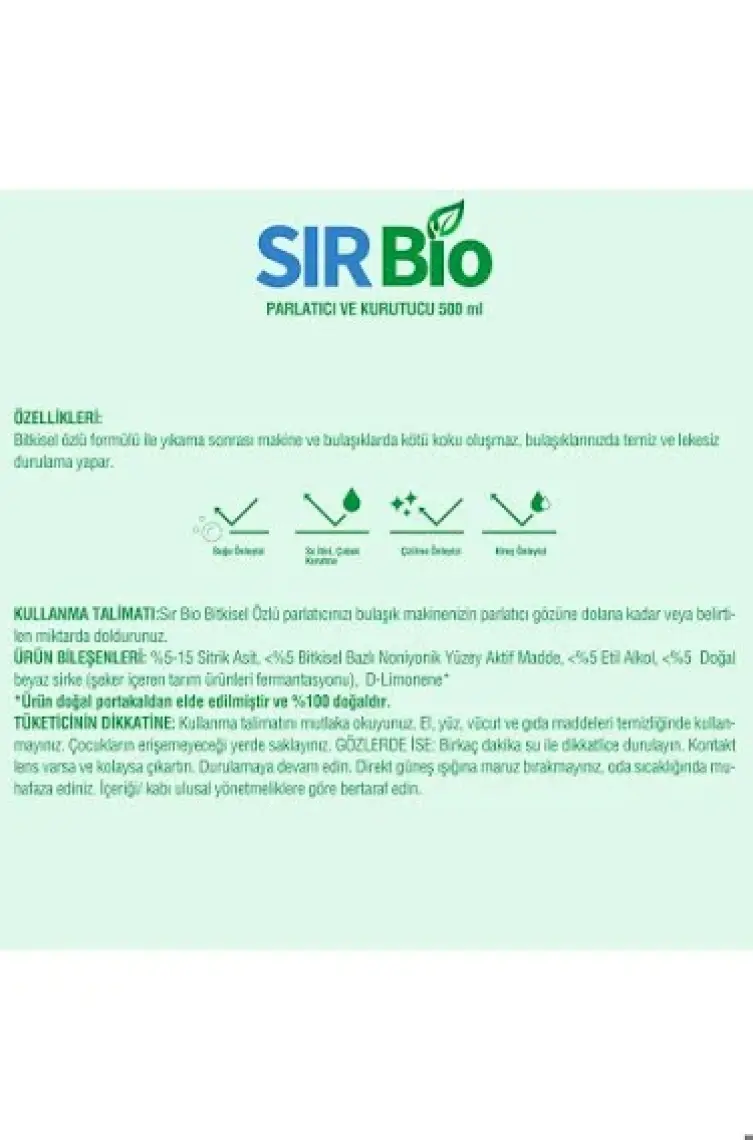 Sır Bio Bitkisel Özlü Bulaşık Makinesi Parlatıcı & Kurutucu 500 ml
