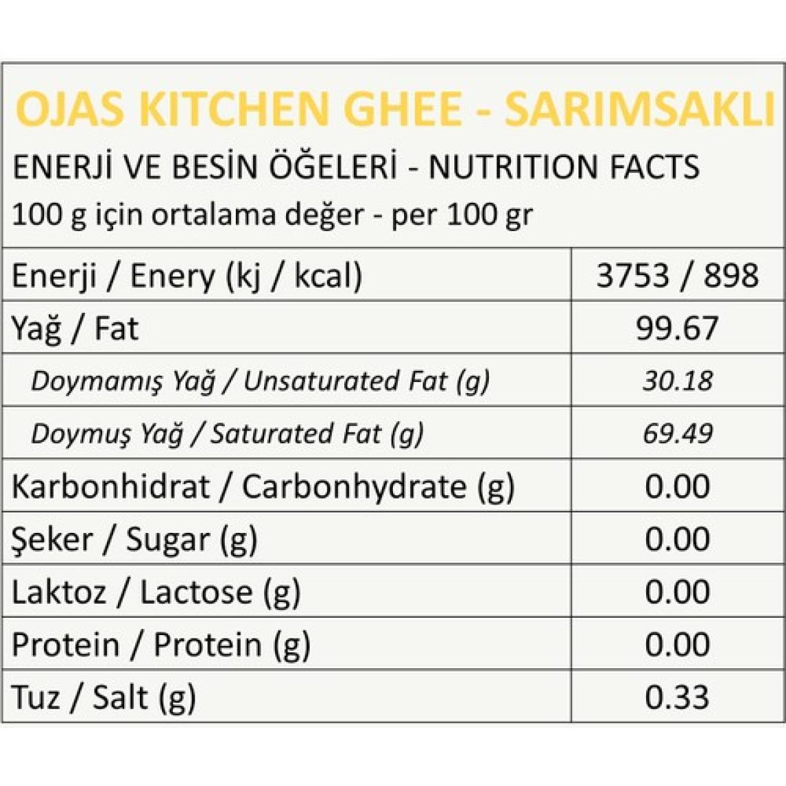 Ojas Kitchen Sade Ghee & Sarımsaklı Ghee Sade Yağ 225 gr x 2'li  Laktozsuz Gdo' Suz  Saf Yağ