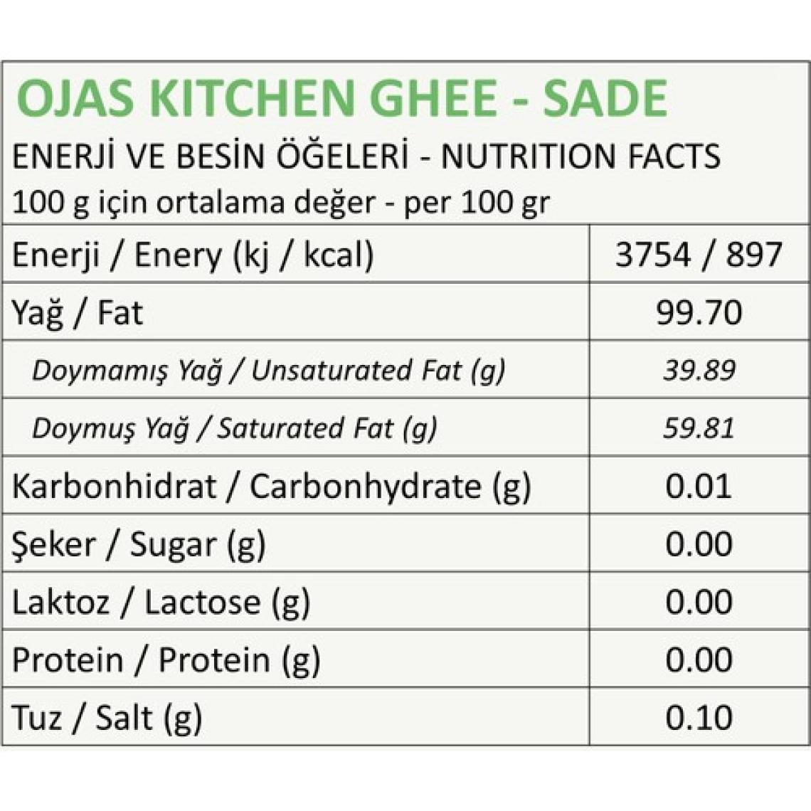 Ojas Kitchen Sade Ghee (Sade Yağ) 225 gr - Laktozsuz Gdo' Suz Saf Yağ / Sadeyağ