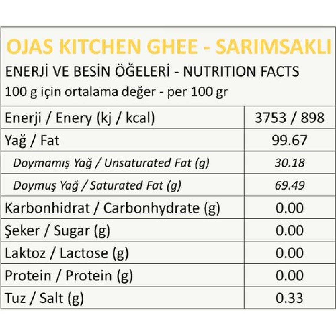 Ojas Kitchen Sarımsaklı Ghee (Sade Yağ) 225 gr - Laktozsuz Gdo' Suz Saf Yağ / Sadeyağ
