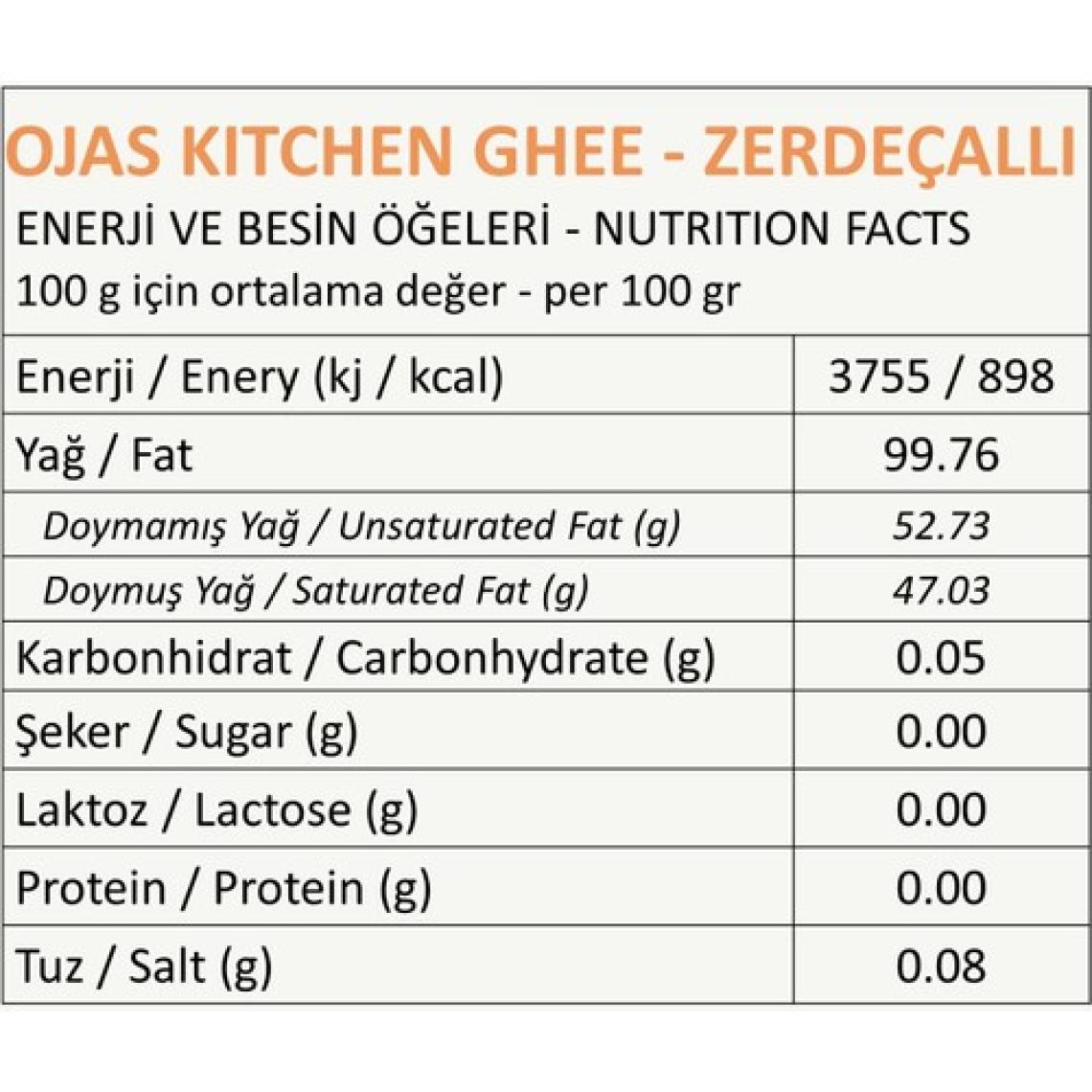 Ojas Kitchen Zerdeçallı Ghee (Sade Yağ) 225 gr - Laktozsuz Gdo' Suz Saf Yağ / Sadeyağ