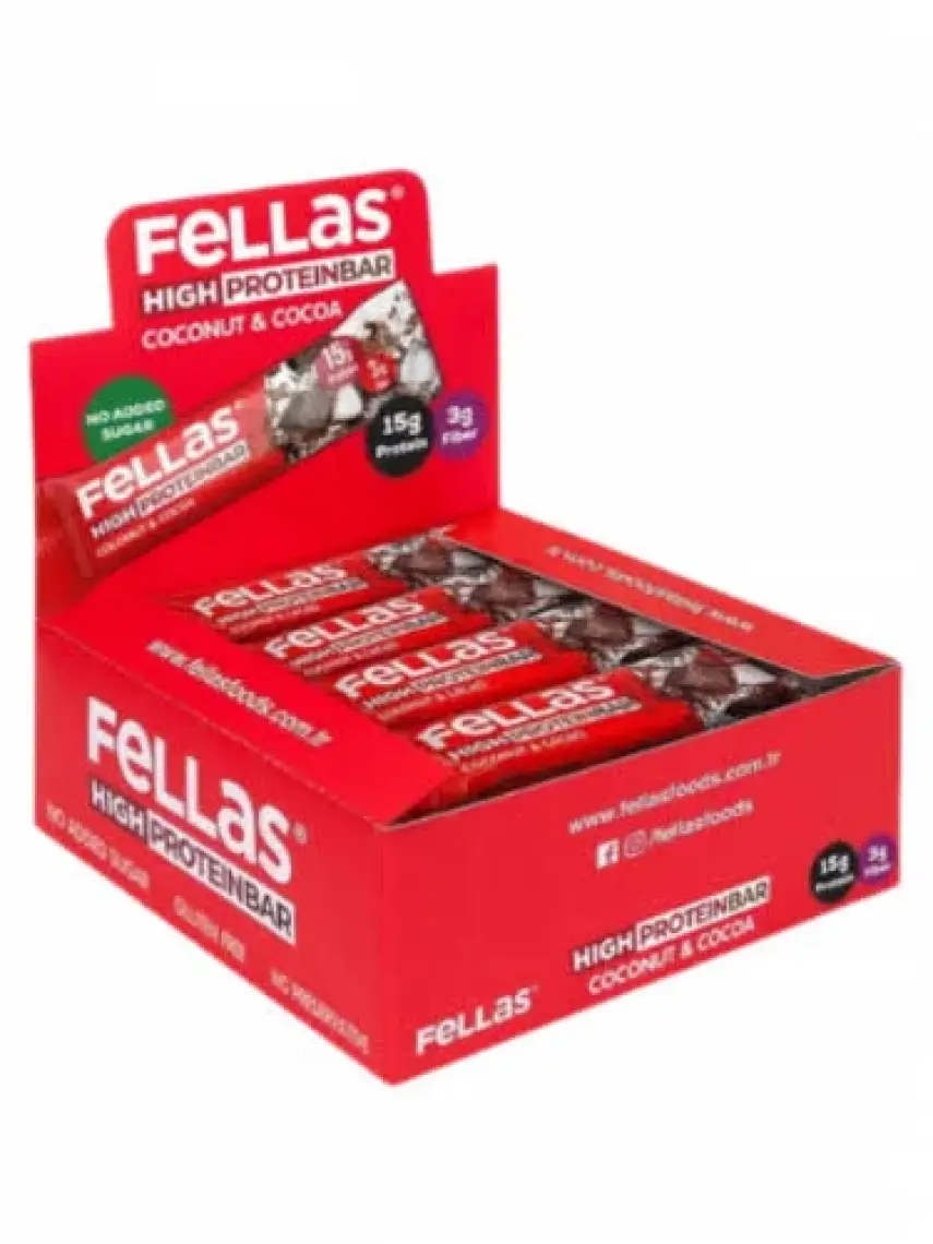 Fellas Hindistan Cevizli ve Kakaolu Yüksek Protein Bar 45 g x 12 Adet
