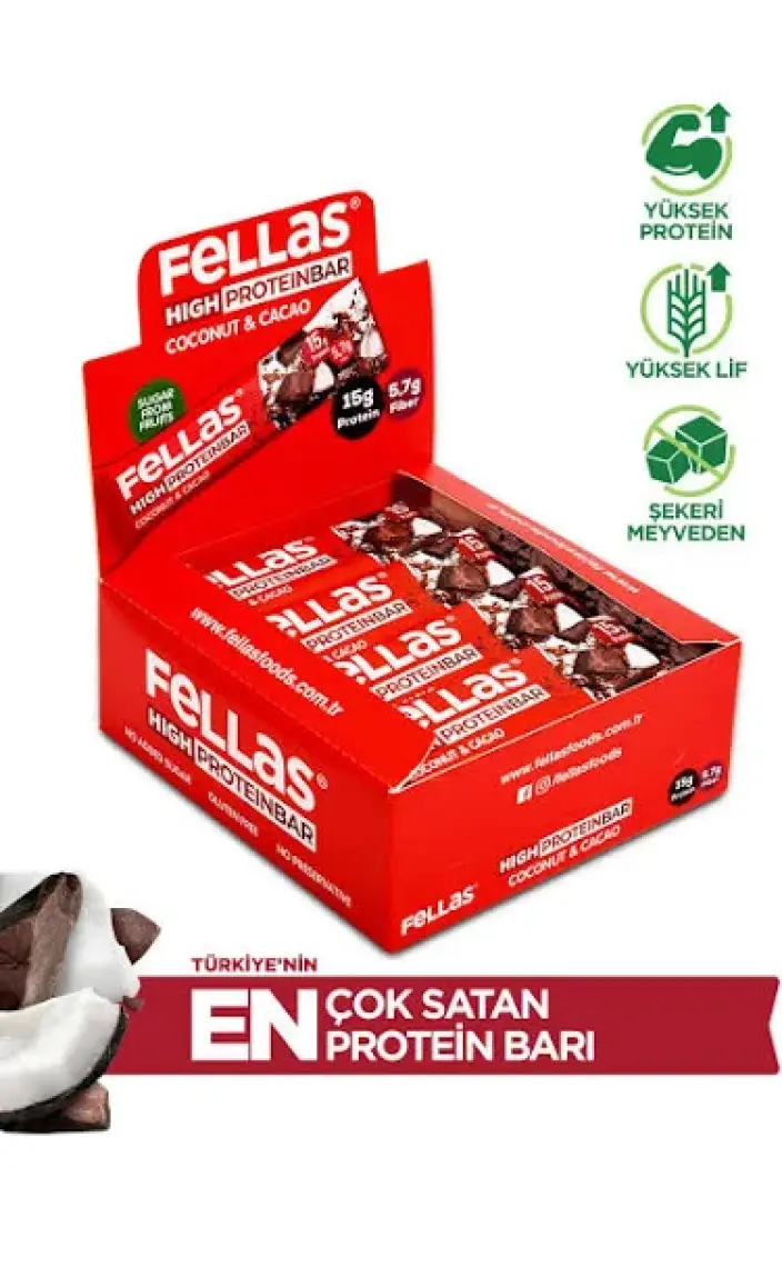 Fellas Hindistan Cevizli ve Kakaolu Yüksek Protein Bar 45 g x 12 Adet