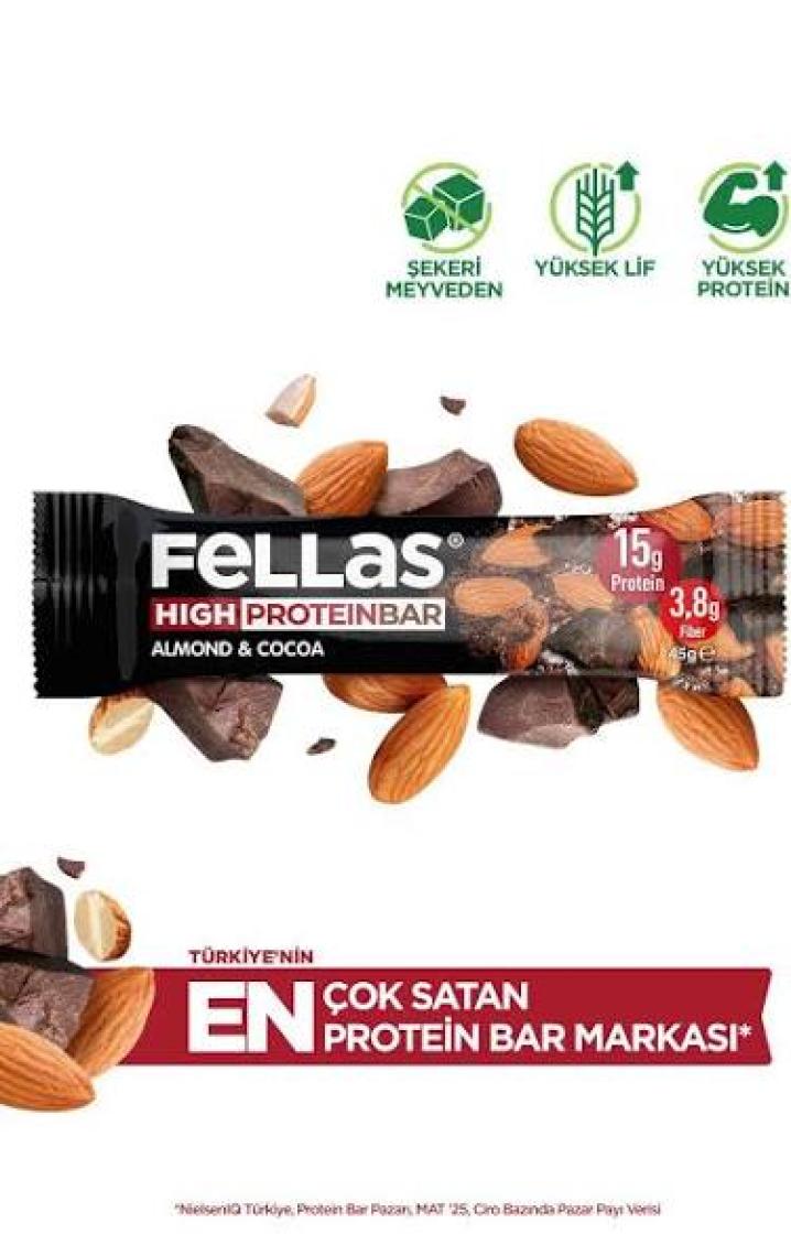 Fellas Bademli ve Kakaolu Yüksek Protein Bar 45 g x 12 Adet