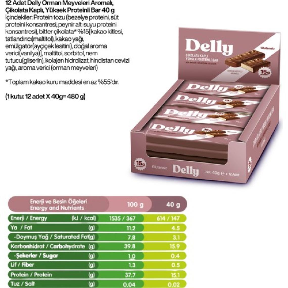 Delly Orman Meyveleri Aromalı, Çikolata Kaplı, Yüksek Protein Bar 40G