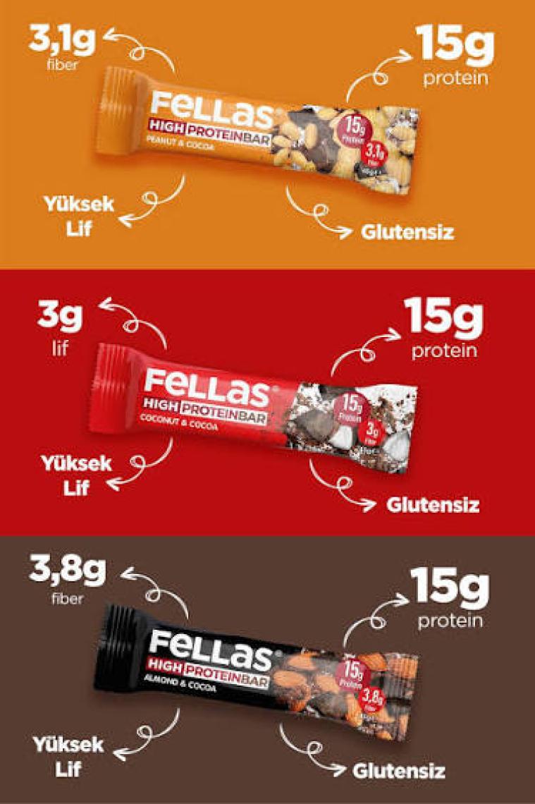 Fellas Yüksek Protein Bar 45 gr Karma Kutu 12 Adet ( 3 Çeşit)