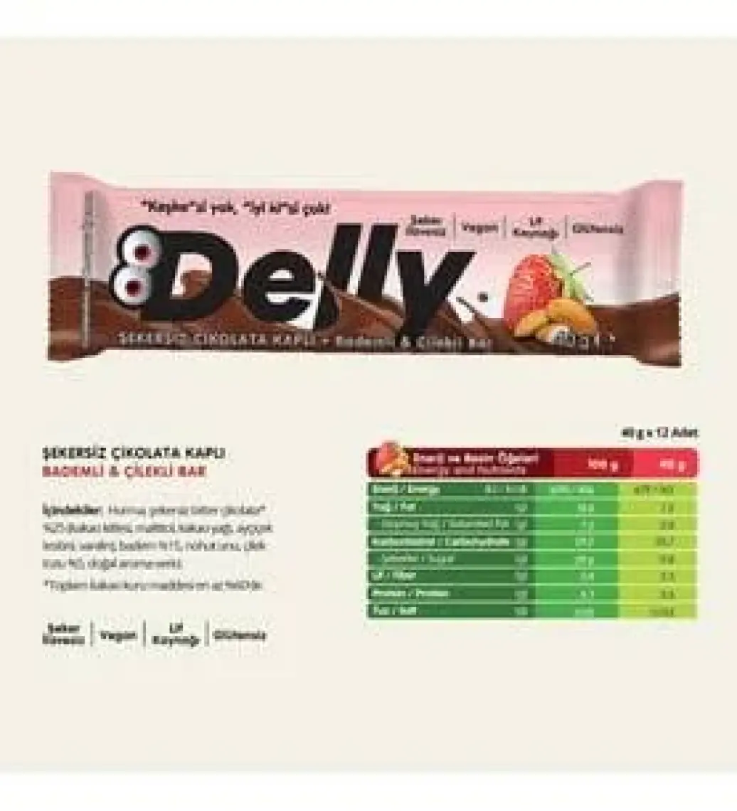 Delly Çikolata Kaplı - Bademli & Çilekli Meyveli Bar 35g X 12 Adet
