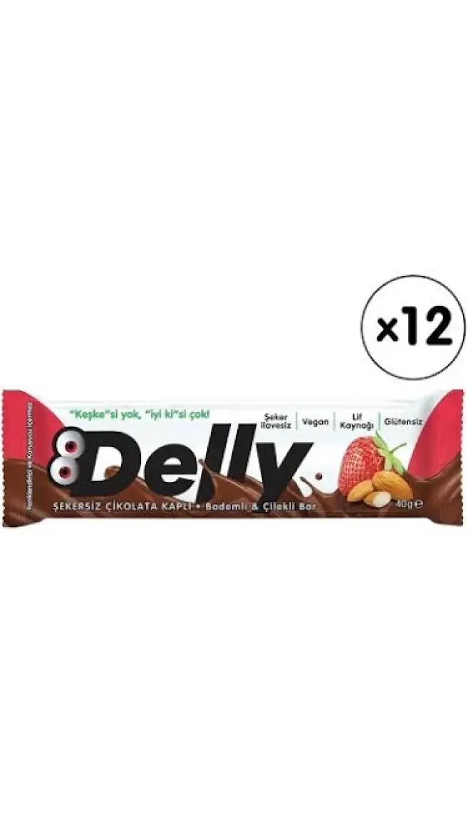 Delly Çikolata Kaplı - Bademli & Çilekli Meyveli Bar 35g X 12 Adet