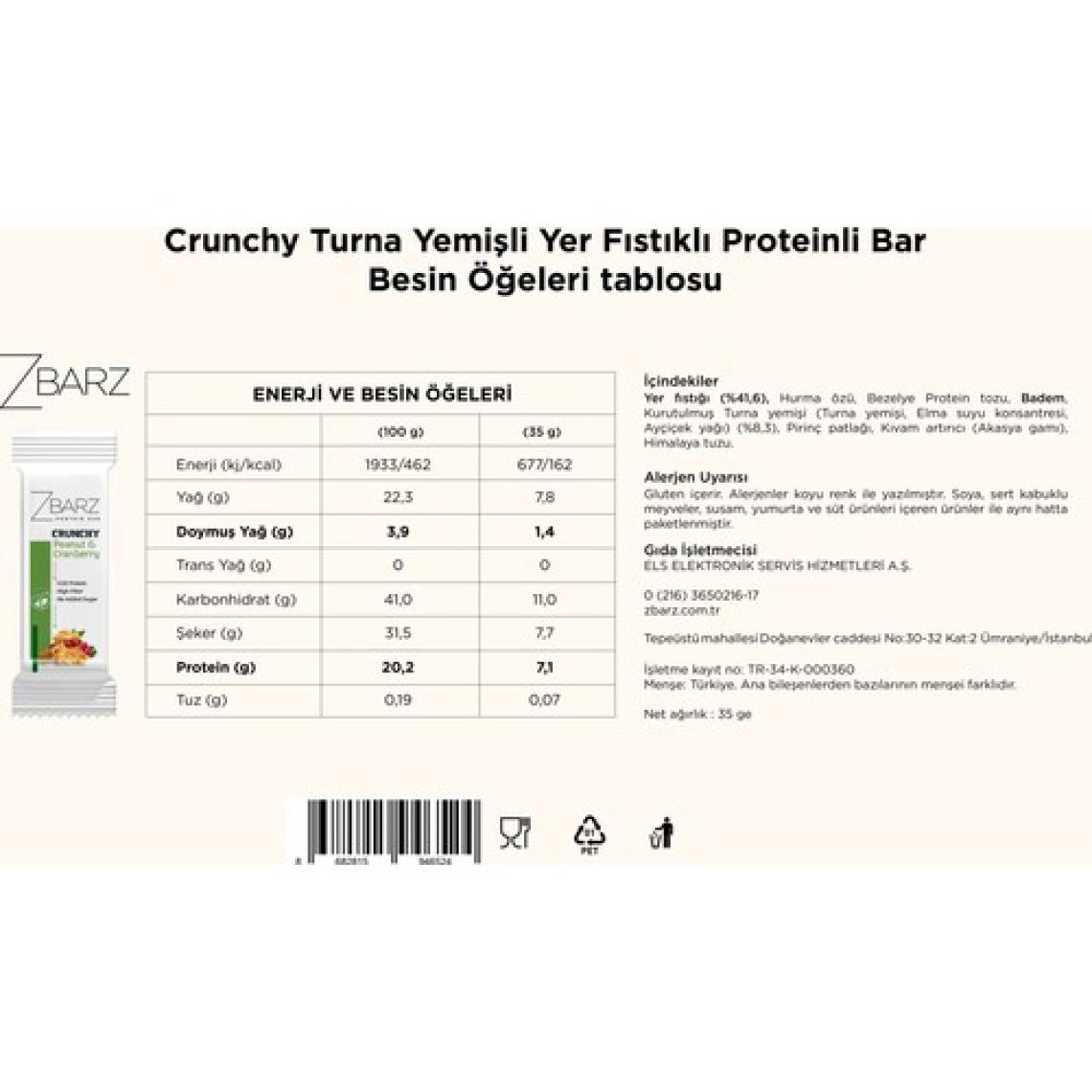 Zbarz Crunchy Protein Bar Yer Fıstık - Turna Yemişi 35G (12 Adet)