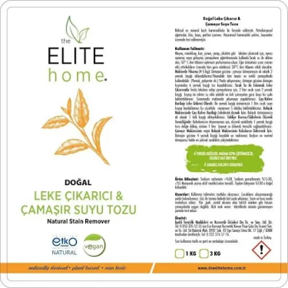 The Elite Home Doğal ve Vegan Sertifikalı  Leke Çıkarıcı / Çamaşır Suyu Tozu 1000 gr